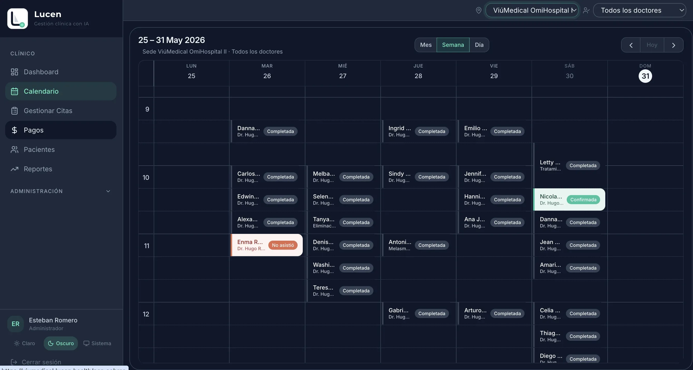 Calendario semanal de Lucen con las citas del consultorio