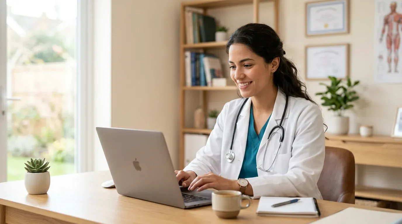 Médica usando Lucen en su consultorio